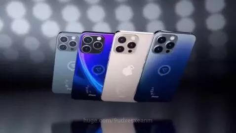 Four iPhone 17 models in various colors floating in a futuristic studio with a reflective surface.