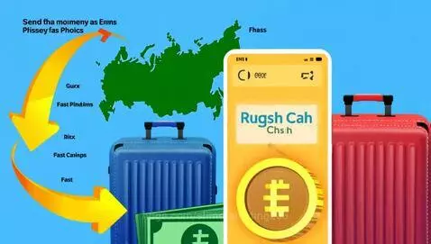 Animated video showing money transfer from Russia to the Philippines via GCash app, with currency icons and suitcases.