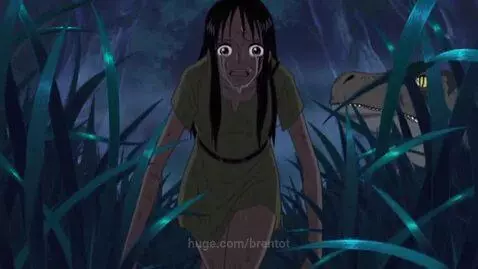 Anime girl with long dark hair, wearing a green dress, crying in fear as a dinosaur with yellow eyes chases her through a dark, glowing jungle.
