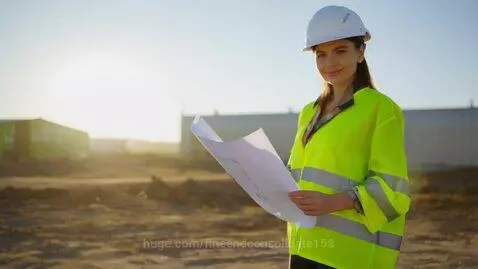 Female engineer overseeing fast-paced construction time-lapse from empty site to modern building.