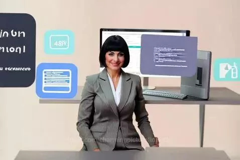 Professional woman at desk with web development service icons floating around her.