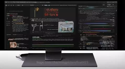 Young woman at a desk, smiling, with animated web development service icons floating around her.