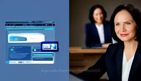 Professional woman in business suit at desk, showcasing web development service icons like video, landing pages, and product cards.