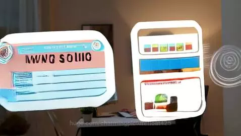 Russian woman with bob haircut at desk, computer screen shows code, digital service icons hover around her.