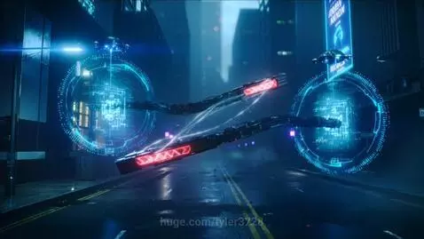 Futuristic cyberpunk city street with glowing blue holograms and neon lights at night.
