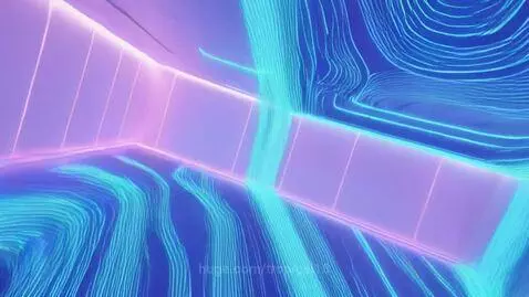 Modern minimalist room with bright blue and purple neon glowing lines forming a futuristic grid on walls, floor, and ceiling.