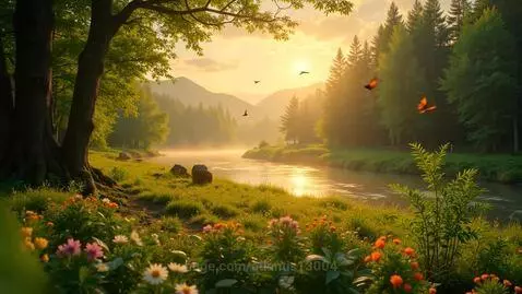 Sunrise over a misty forest transitioning to a serene mountain valley with soft clouds.