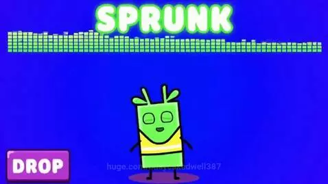 Cartoon green character with striped shirt against blue background, with 'SPRUNK' text and a 'DROP' button.