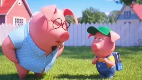 Daddy Pig sternly questions Peppa Pig, who looks guilty in a green cap and backpack, about skipping school.