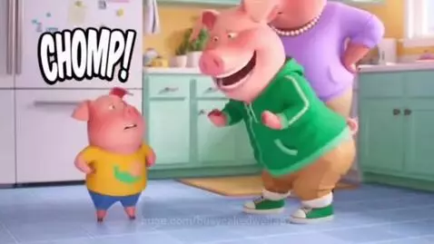Animated Peppa Pig being grounded in a kitchen after biting George Pig.