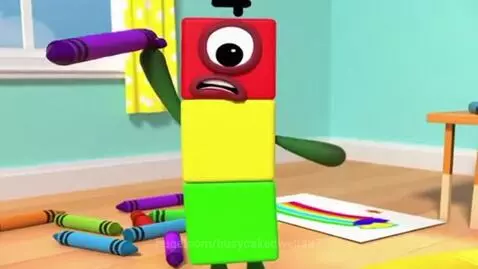 Numberblocks character with the number 4, looking angry and holding a purple crayon, with other crayons scattered on the floor.