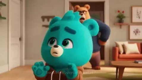 A cyan bear looking sad while a larger brown bear scolds him for eating fast food.