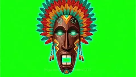 Animated tribal wooden mask with colorful feathers, glowing blue eyes, and a green mouth against a green screen background.