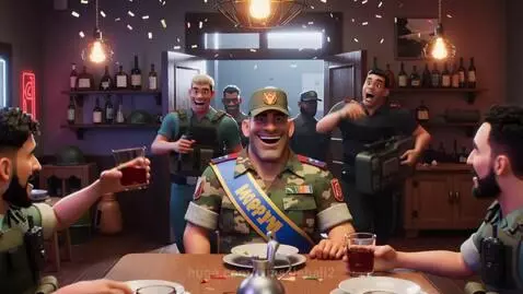 Animated Ukrainian soldiers celebrating a birthday in a military bar, one soldier wears a blue-yellow sash.