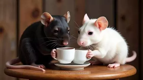 Two pet rats, one black and one white, sitting opposite each other and drinking from tiny teacups.