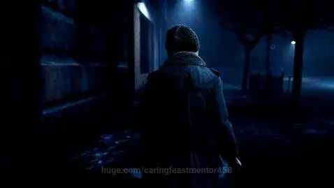 An old, wrinkled woman in a trench coat drops money into a stone well on a dark, rainy city street.