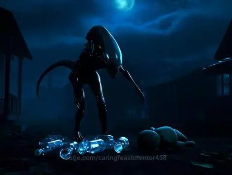 Xenomorph creature in a dark, abandoned village at night, arranging glowing bottles and a doll.