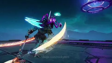 Two armored reptilian Bakugan creatures battling with glowing weapons in a neon-lit futuristic arena under a cosmic sky.