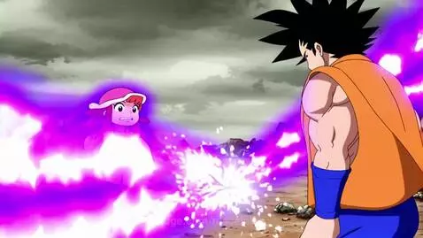 Son Goku from Dragon Ball defending Strawberry Shortcake from energy blasts in a rocky landscape.