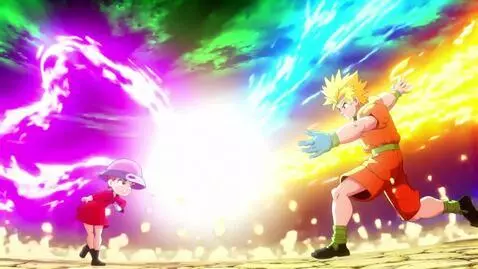Son Goku-like character and Strawberry Shortcake-like character in a fierce energy beam battle with a bright explosion.