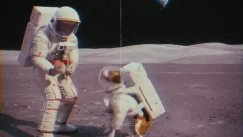 Astronaut in a spacesuit playing fetch with a beagle dog in a spacesuit on a moon-like surface.