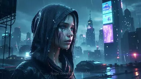Young woman in hooded jacket on a rainy cyberpunk city rooftop at night, neon lights reflecting.