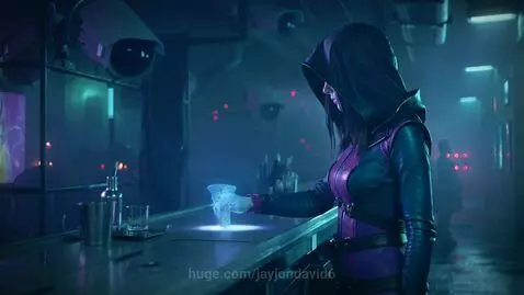 Young woman in a hood at a futuristic bar, ordering a glowing pink nanococktail, surrounded by neon lights and reflections.