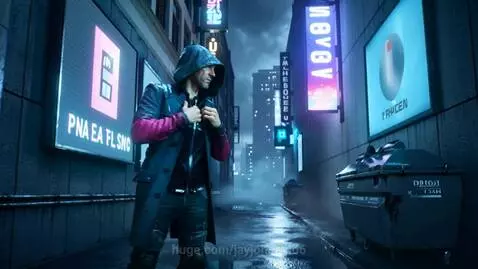 Cyberpunk man in a hooded coat stands in a wet, neon-lit alleyway, then dissolves into blue particles.