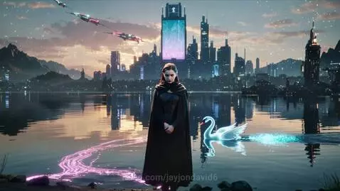 Cyberpunk city skyline reflected in a lake at sunset, with holographic swans and a woman in a cloak.