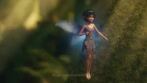 A dark-skinned fairy with curly hair and translucent, glowing bat wings, wearing a tattered purple dress, in a sunlit forest.