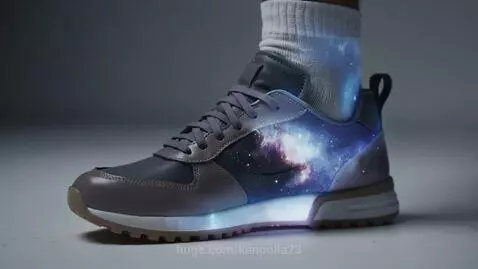 A hyper-realistic sneaker on a foot transforming into a galaxy with cosmic colors and glowing details.