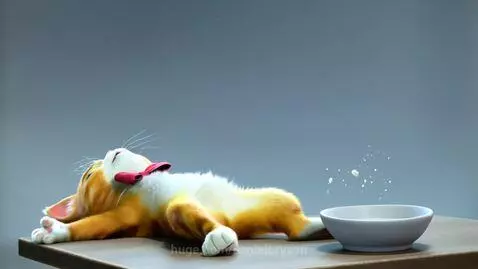 Animated orange tabby cat with a red bow tie on a wooden surface, drinking milk from a bowl.