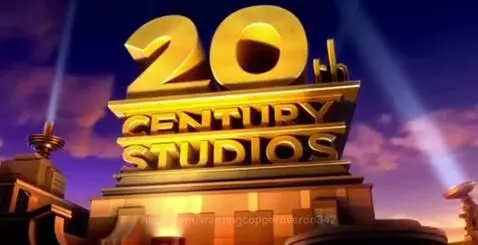 The 20th Century Studios logo with golden text, illuminated structure, and sweeping searchlights against a dramatic sky, with a screaming sound effect.