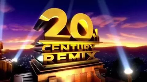 Golden 3D '20th CENTURY REMIX' logo against a vibrant sunset sky with spotlights.