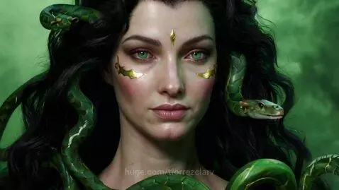 Close-up of a Medusa-like woman with porcelain skin, glowing green eyes, and serpents in her dark curly hair.
