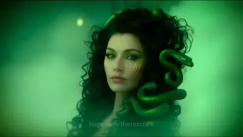 Close-up of a Medusa-like woman with glowing green eyes and snakes in her dark curly hair.