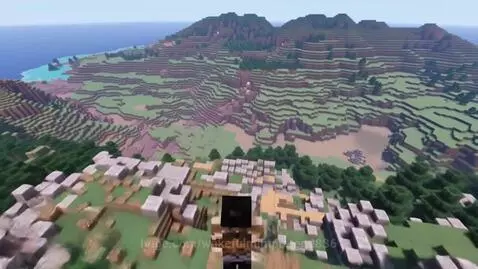 First-person view from a high vantage point in Minecraft, overlooking a vast landscape with mountains and trees.