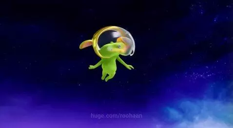 Green cartoon mouse with yellow ears floats in space wearing a bubble helmet and golden ring, surrounded by stars and nebulae.