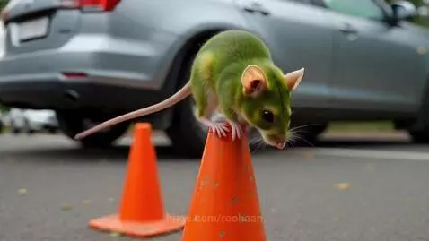 A small green mouse stands on an orange traffic cone on a road, with a car in the background.