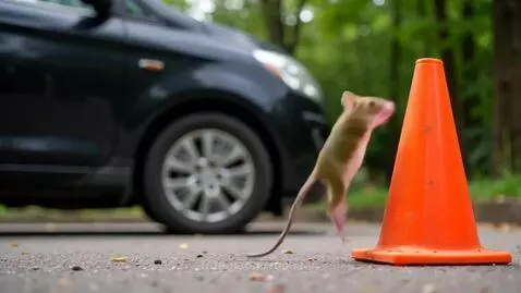 A small brown mouse jumps onto an orange traffic cone on a paved surface, with a car passing in the background.