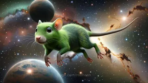 A green mouse with large eyes floats in space, surrounded by planets and colorful nebulae.