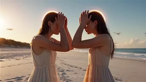 Two women on a beach at sunset, their heads glowing and swapping places.