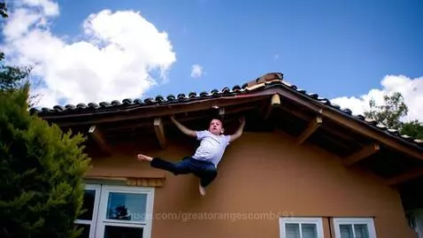 A young boy in a white t-shirt falls from the roof of a house with a tiled roof and light brown walls.