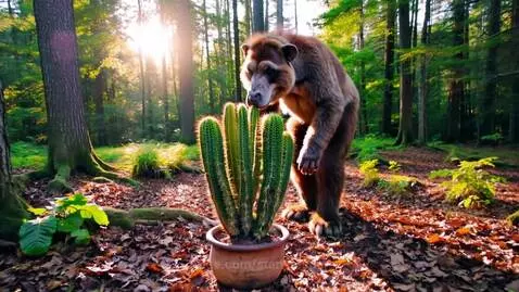 Bigfoot gently observing a small cactus in a clay pot in a sunlit forest clearing during golden hour.