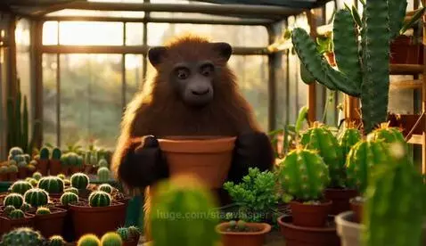 A gentle, brown-furred Bigfoot with expressive eyes smiles while tending a small cactus in a pot inside a sunlit greenhouse.