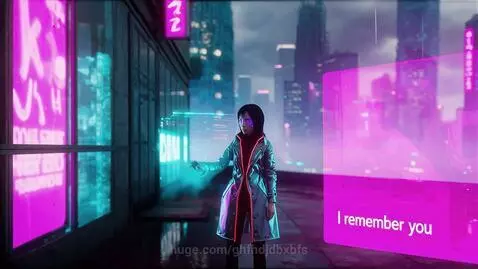 Cyberpunk city rooftop at night, woman with glowing eyes and iridescent coat interacts with a blue holographic interface.
