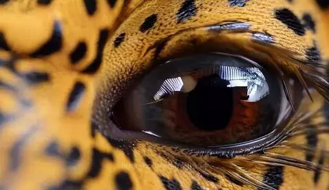 Close-up of a dragon or leopard eye with yellow spotted skin and a reddish-brown iris, blinking.