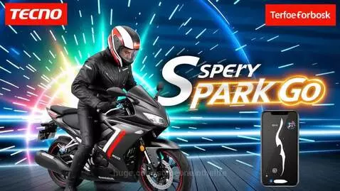 Tecno Spark Go advertisement with a black sport motorcycle, rider in gear, and futuristic background.