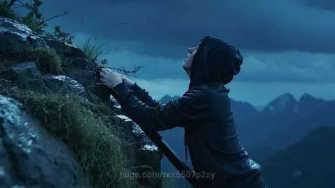 Young man in black hoodie clinging to a wet cliff ledge with both hands, looking up, during a rainstorm.