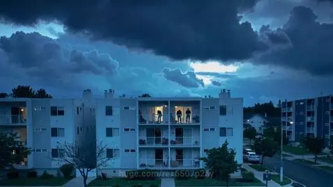 Evening sky with clouds over apartment buildings, zoom on a window with silhouettes of people watching.